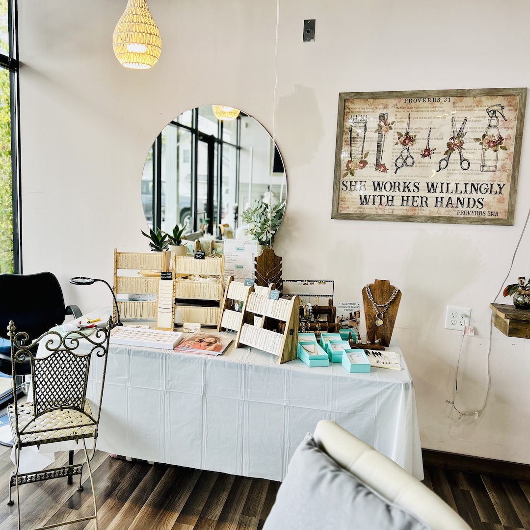 Permanent jewelry pop up display by Blooming with Lori in Missouri