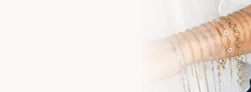 Permanent jewelry chain styles including bracelets, necklaces, anklets, and charms from Blooming with Lori