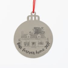 Stainless steel ornament engraved with a drawing of a house and the words Our forever home 2021